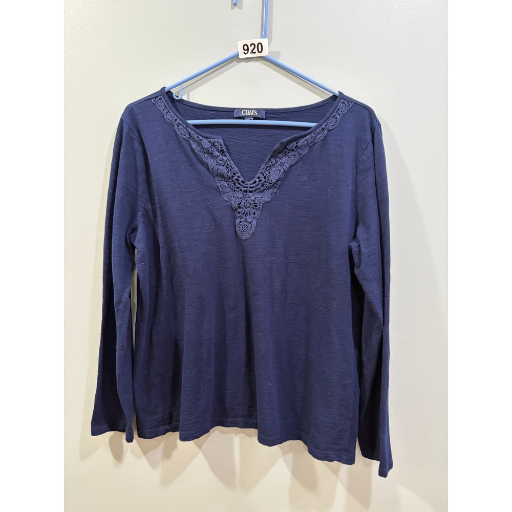 Chaps Denim Womens Navy Blue Crochet Lace Trim Split V-Neck Long Sleeve Top L